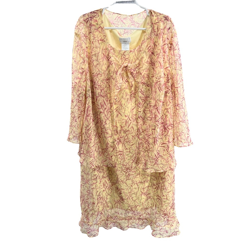 Studio C 22W pale yellow 2pc flowy abstract sheer knee length dress plus wedding